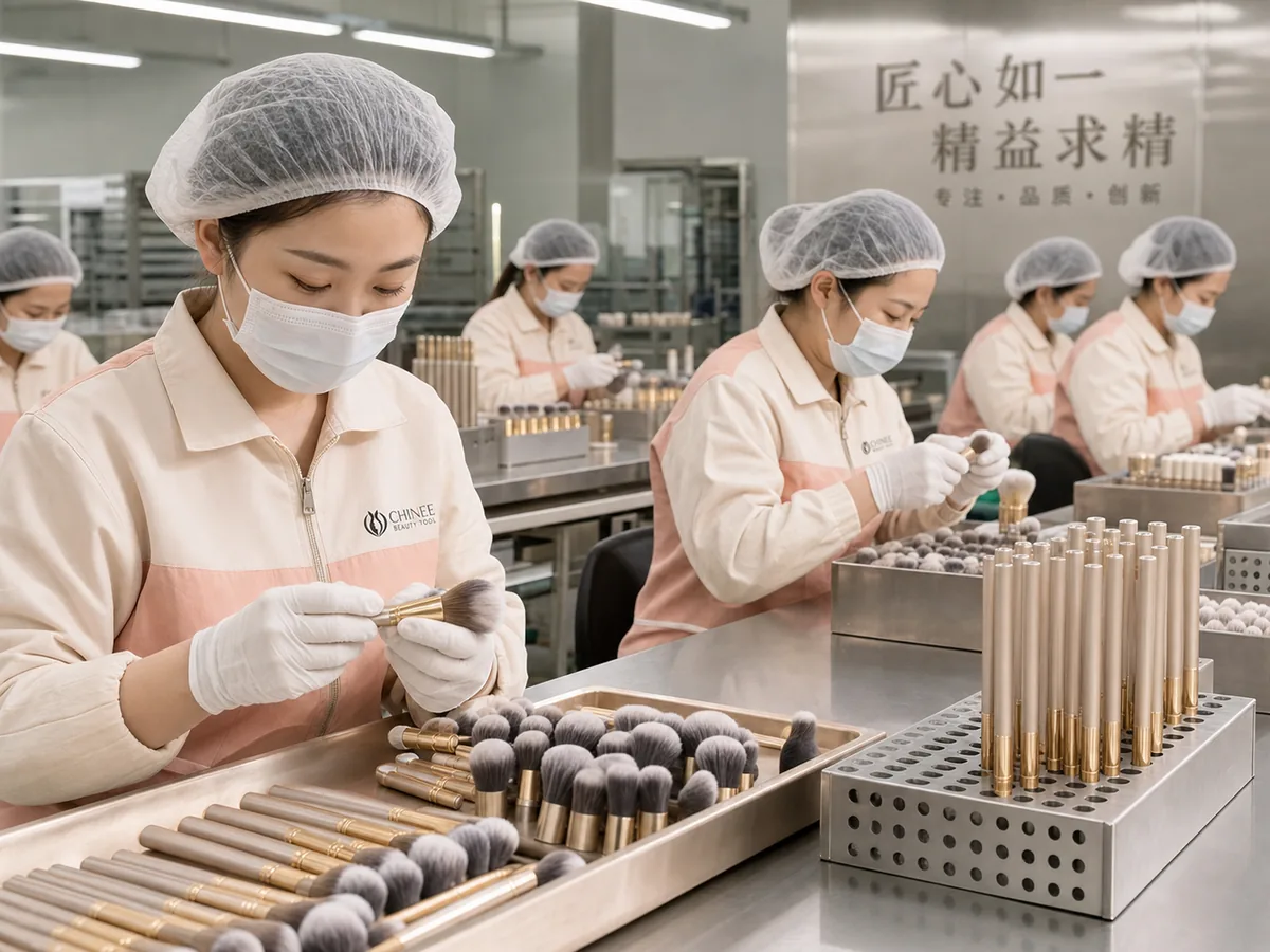 Chinese workers assembling Chinee Beauty Tool makeup brushes