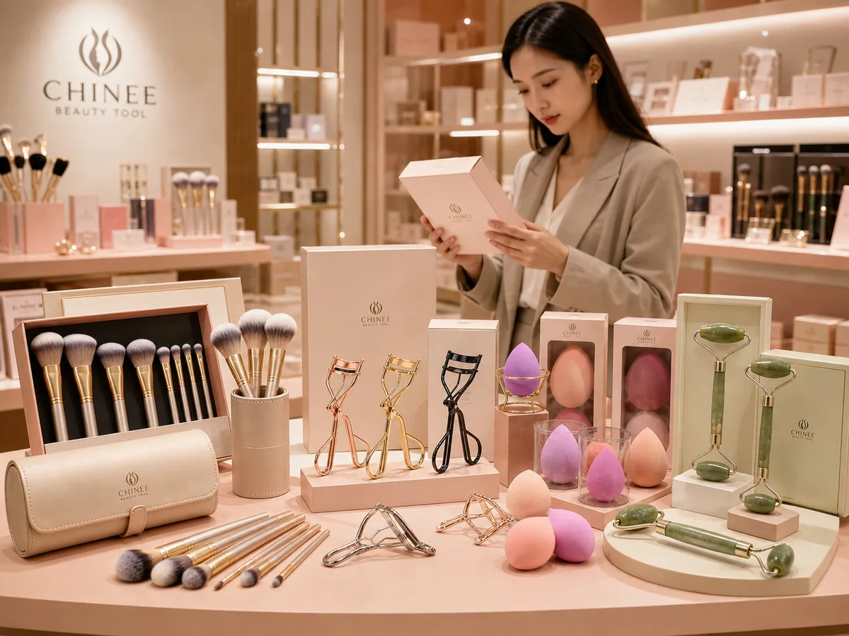 Private label beauty tools displayed in a retail setting