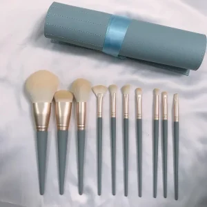 10-Piece Blue Face Makeup Brush Set Fan Brush Customizable High Quality Synthetic Fibers Skin-Friendly Vegan Gold