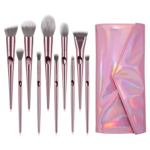 10 Piece Glitter Pink Face Makeup Brush Set with Super Soft Bristles Gold Ferrule Case