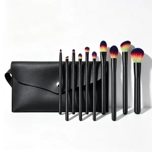 10 Piece Nylon Bristle Makeup Brush Set with Wood Handles and Black Brushes Four Color Brush Case