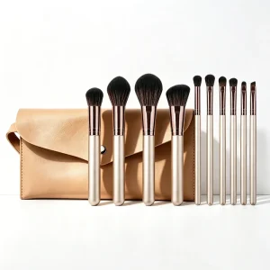 10 Piece Nylon Wood Handle Makeup Brush Set Champagne Color Blush Brush Bag