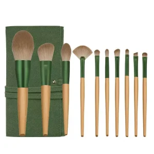 10 Piece Portable Wood Handle Synthetic Fibre Green Makeup Brush Set with Top Grade Quality for Beginners Professionals