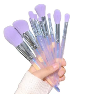 10-Piece Synthetic Facial & Eye Makeup Brush Set with Light Purple Tips Plastic Handle Powder & Smudge Styles