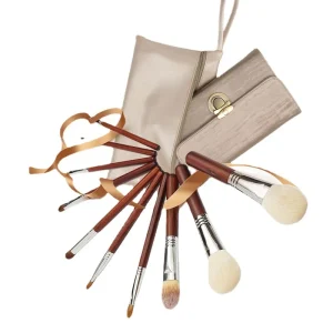 10 Piece Wooden Handle Makeup Brush Set with Aluminum Ferrule Face and Concealer Brushes