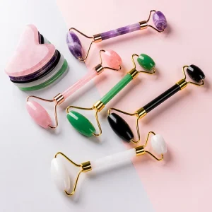 100% Natural Anti Aging Jade Roller Original Double Neck Therapy Massager for Body Facial Depuffing Healing