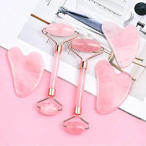 100% Natural Jade Stone Face Roller and Gua Sha Set Pink Rose Quartz Massage Guasha Dual Sided Facial Beauty Tools Rollers