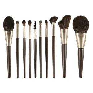 10PCS Professional Luxury Synthetic Hair Wood Handle Face Makeup Brush Set with Blending Flat & Fan Brushes Concealer Compatible