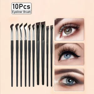 10pcs Multi Functional Eye and Brow Makeup Brush Set with Flat Brush Synthetic Hair Plastic Handle for Eyeliner Blending Face Use