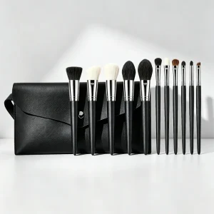 11-Piece Black Nylon Wood Handle Makeup Brush Set Including Powder Brush and Brush Pouch