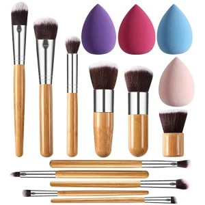 11pcs Natural Wooden Handle Makeup Brushes Set High Quality Foundation Blending Cosmetic Make up Tool Set With Makeup Sponge