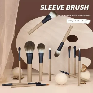 12 Piece Initial Makeup Brush Set with Wood Handles and Synthetic Fiber Hair Includes Dotting Powder Brush PU Bag Portable
