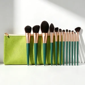 12 Piece Nylon Makeup Brush Set with Wood Handles Powder & Blush Brushes Green Canvas Packaging Factory-Direct Beauty Tools