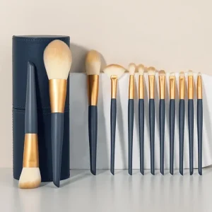 12 Piece Vegan Synthetic Hair Eye Shadow & Face Makeup Brush Set Free Sample Private Label Blue