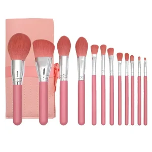 12PCS Pink Makeup Brush Set Soft Bristles Gold Aluminum Ferrule Plastic Handles Fan Brush Face Brushes