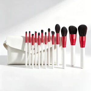 13 Piece White Nylon Makeup Brush Set with Wood Handles Includes Powder and Contour Brushes Beauty Tool Kit