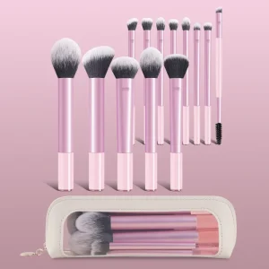 13Pcs Professional Pink Double ended Makeup Brushes Set Bag Soft Synthetic Hair Travel Friendly Face Foundation Blush Eyeshadow
