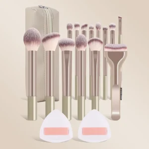 14 Piece Professional Face Makeup Brush Set with Synthetic Hair Flat Brushes Gold Metal Handle Travel Case & Powder Puffs