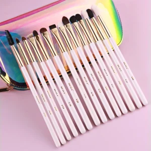 14PCS Eye Makeup Brush Kit White Handle Natural Goat Pony Hair Detail Eyeshadow Eyebrow Blending Brush Set