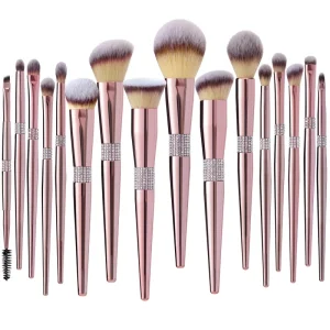 14pcs Rose Gold Rhinestone Nano Hair Professional Makeup Brush Set with Wood Handle and Custom Logo