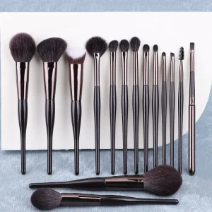15 Piece Animal Hair Makeup Brush Set Soft Goat Brown Wood Handle Shaving Brush Portable Brush