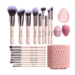 15PCS Synthetic Hair Face Makeup Tools Set Mascara Private Label Makeup Sponge Custom Logo Makeup Set Rotatable Holder Gift Pack