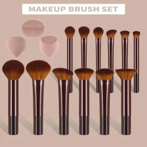 15Pcs Makeup Brush Set with PU Bag & Powder Puffs Soft Synthetic Hair Cosmetic Brushes
