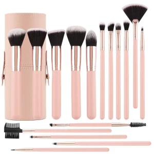 16 Piece Pink Makeup Brush Set Wooden Handle Synthetic Bristles Professional Face Makeup Kit for Foundation Blush Eyeshadow