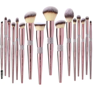 16PCS Rose Gold Rhinestone Goat Hair Professional Makeup Brush Set with Wood Handle and Custom Logo