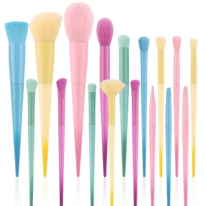 17 Piece Rainbow Handle Makeup Brush Set Soft Nylon Bristles Candy Colored Face and Eye Brush Kit in Stock