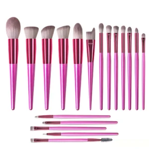 18 Piece Makeup Brush Set Pink Wooden Handle Soft Nylon Bristles Professional Full Face and Eye Brush Kit Seamless Concealing