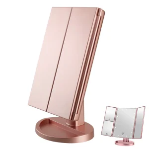 180 Rotating Travel Makeup Mirror with 21 LED Lights Dresser Mount Tri-Fold Lighted Touch Screen Vanity Make up Mirror for Women