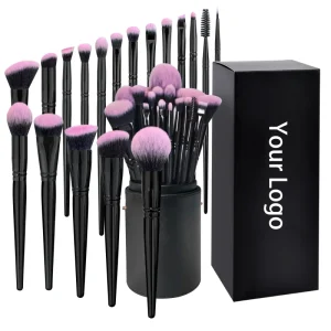 18PCS Black Color Pink Hair Glossy Makeup Brush Set Luxury Private Label Professional Brushes Holder Custom Logo