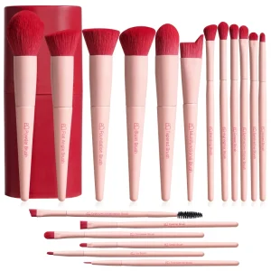 18PCS Pink Makeup Brushes Set Red Vegan Synthetic Brushes Cosmetic Set Quality Makeup Brushes with Holder