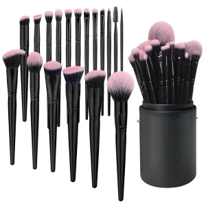 18Pcs Black Makeup Brush Set with Bucket Soft Synthetic Bristles Cosmetic Brushes Kit with Custom Logo & Storage