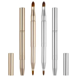 2 Pcs Double Ended Synthetic Hair Metal Handle Lip Brush Set Portable Retractable Lipstick Lip Gloss Applicator Concealer Brush