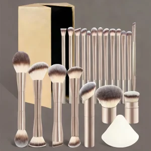 20 Piece Dual Ended Makeup Brush Set with Sponge Gift Box Premium Synthetic Hair Metal Handle Face Eye Eyeliner Cheek Lips Tools