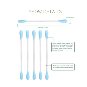 200Pcs Cotton Bud Double Blue Round Head OEM Stick Cotton Swabs with Round Box for Makeup Removal