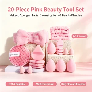20Pcs Pink Beauty Sponge Set Soft Makeup Blender Facial Cleansing Puff Bow Hair Band Custom Logo Cosmetic Tool Kit