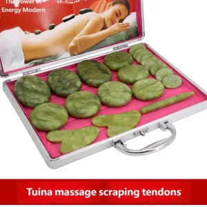 21PCS of Olive Jade Massage Hot Stone Set with Heater Energy Stone Scraping Board Set Suitable for Professional or Home SPA