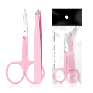 2pcs Precision Stainless Steel Eyebrow Tweezer Set with Curved Scissors Leather Case for Eyebrow Plucking