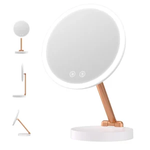 3 Color Lights Dimmable LED Round Makeup Mirror Double axis Rose Gold Arm Type C Rechargeable Cosmetic Mirror