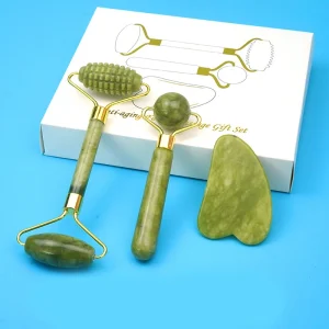 3 PCS Natural Xiuyan Green Jade Roller Gua Sha Tools for Facial Guasha Eye Massage Roller with Iron Framing for Body Application