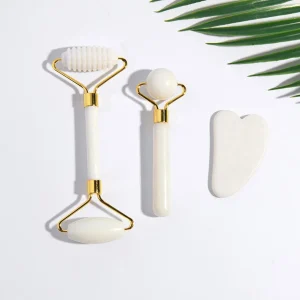 3 Sets Handheld White Green Quartz Jade Roller Gua Sha Beauty Facial Massage Rose Jade Roller for Face with Box