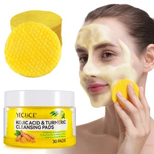 30pcs Private Label Facial Care Cotton Pad Tumeric Face Pads Kojic Acid Cleanser Tumeric Cleansing Toner Pad for Face Dark Spots