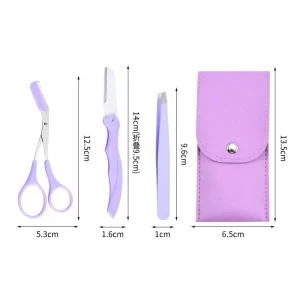 3pcs Beauty Makeup Purple Tweezers Extension Scissor Razor Eyebrow Grooming Kit for Eyebrow Trimmer