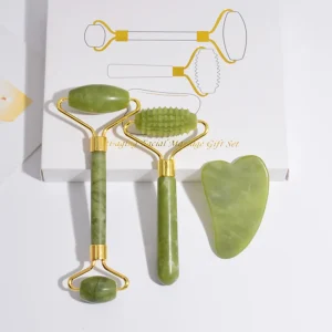 3pcs Green Jade Roller Set Zinc Alloy Arc Jade Roller Heart Scraping Board Jade Spine Face Lifting Tool