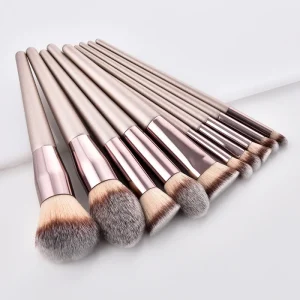 4 9 10 12pcs Champagne Color Vegan Cosmetic Makeup Brush Set with Shaving Brush Wood Handle & Synthetic Hair
