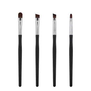 4 Piece Eye Makeup Brush Set, Petite Waist, Curved Handle, Silicone, Synthetic Bristle, Angled Blade, Blending