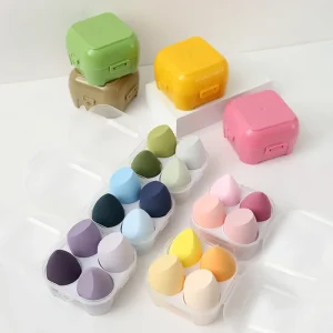 4 Piece Multi Colored Makeup Sponge Blender Set with Case and Holder for Liquid Cream Powder Makeup